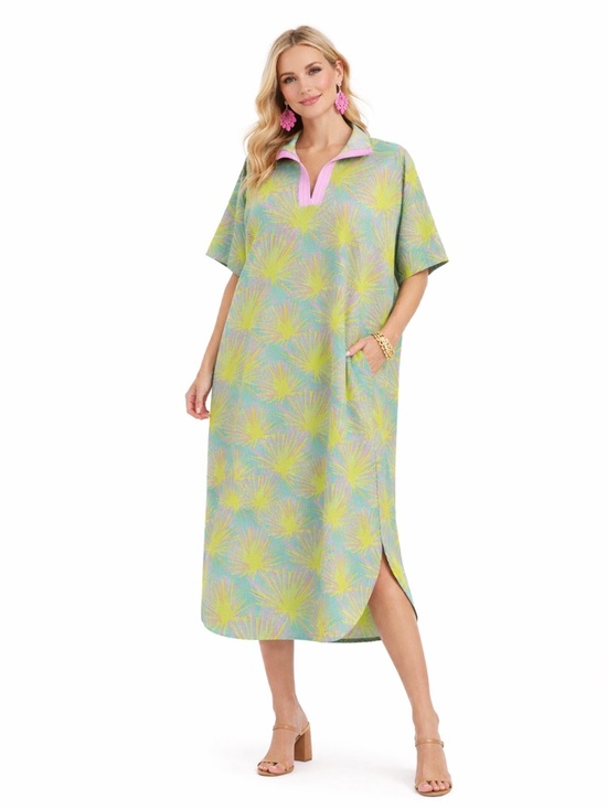 Emily Mccarthy Dresses & Skirts - Emily McCarthy Poppy Caftan Midi Dress Palm Print Pink Green Resort Large
